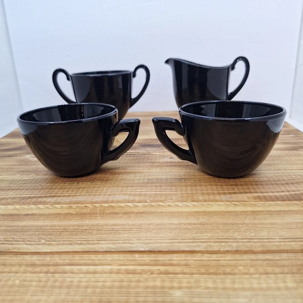 Vintage Black Amethyst Open Sugar And Creamer Set W/‎ 2 Cups 4pc Lot